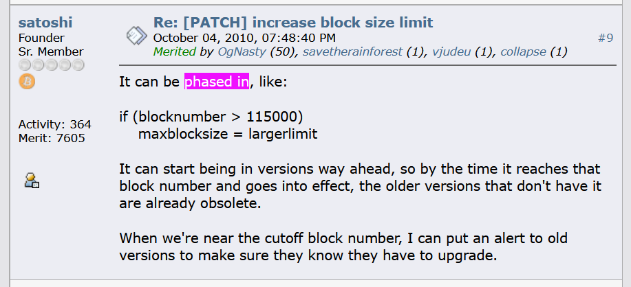 Satoshi Nakamoto post on phasing in larger blocks