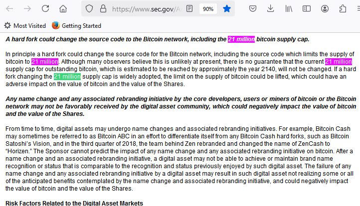 Excerpt from a BlackRock SEC filing on the 21 million supply limit