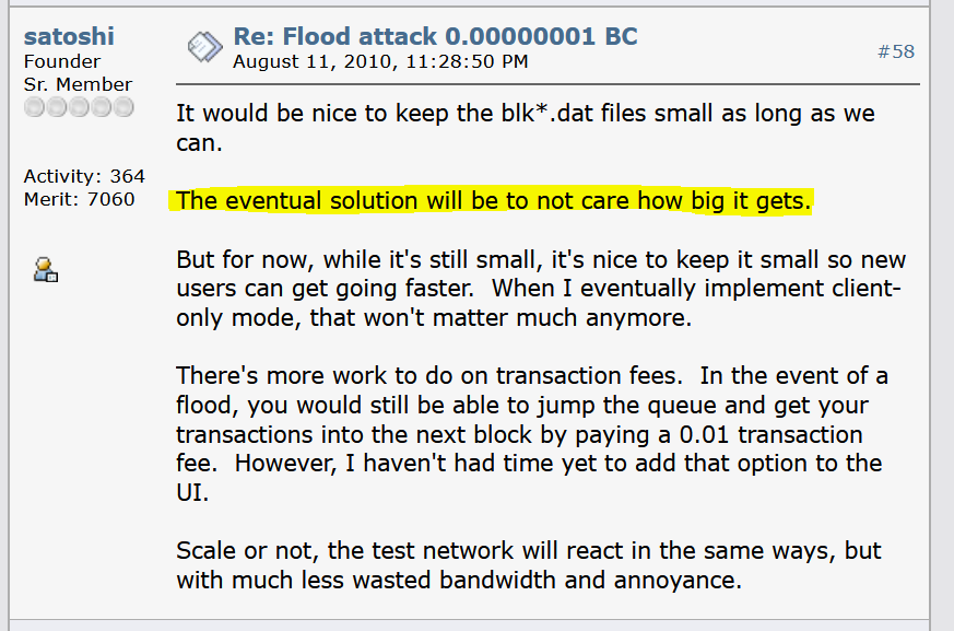 Satoshi Nakamoto post on eventually removing the block size limit