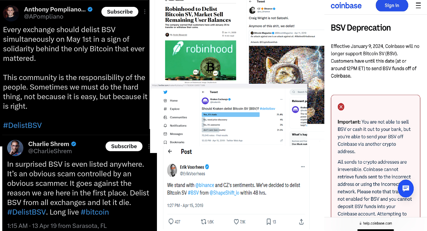 Collage of headlines about exchanges delisting BSV