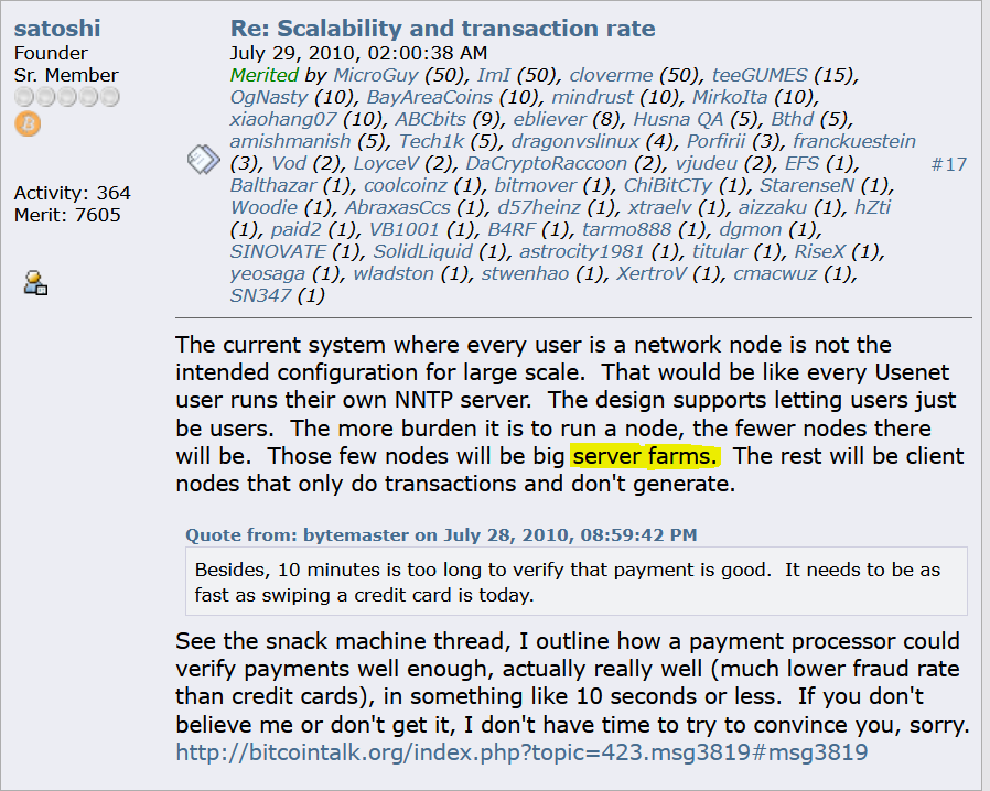 Satoshi Nakamoto post on nodes eventually running in server farms