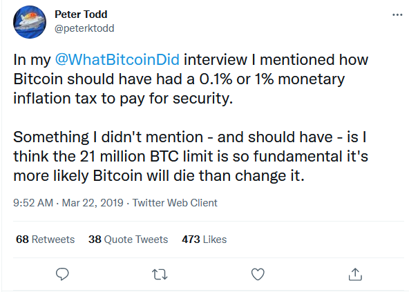 Peter Todd tweet predicting BTC will need inflation