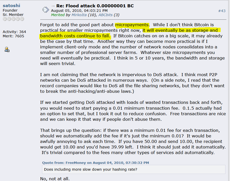 Satoshi Nakamoto post on micropayments