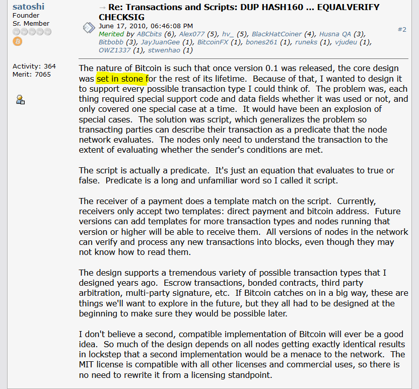 Satoshi Nakamoto post saying the core design is set in stone