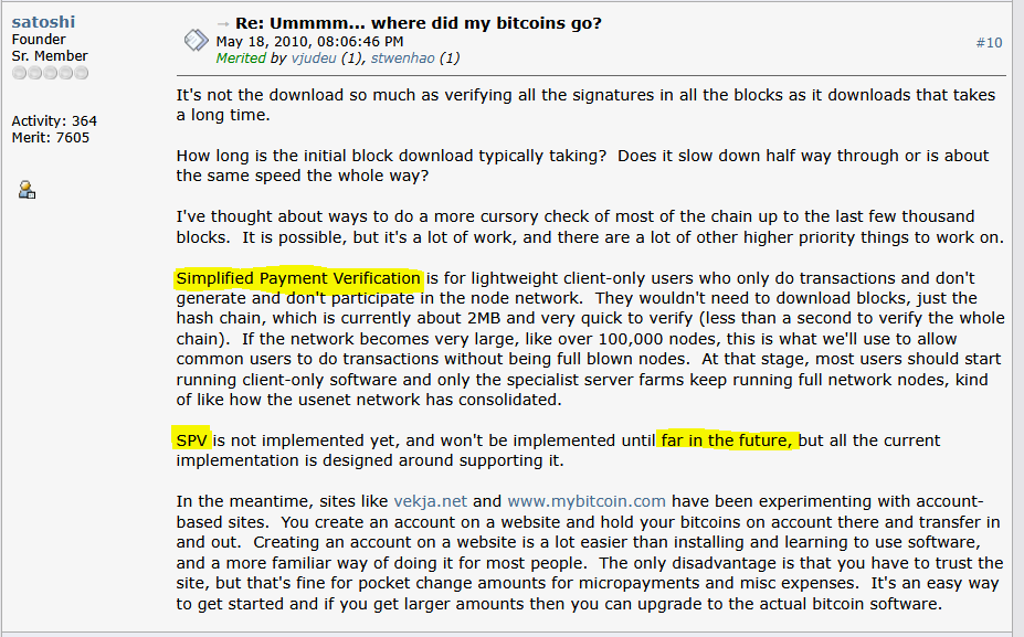 Satoshi Nakamoto post on client-only mode in the far future